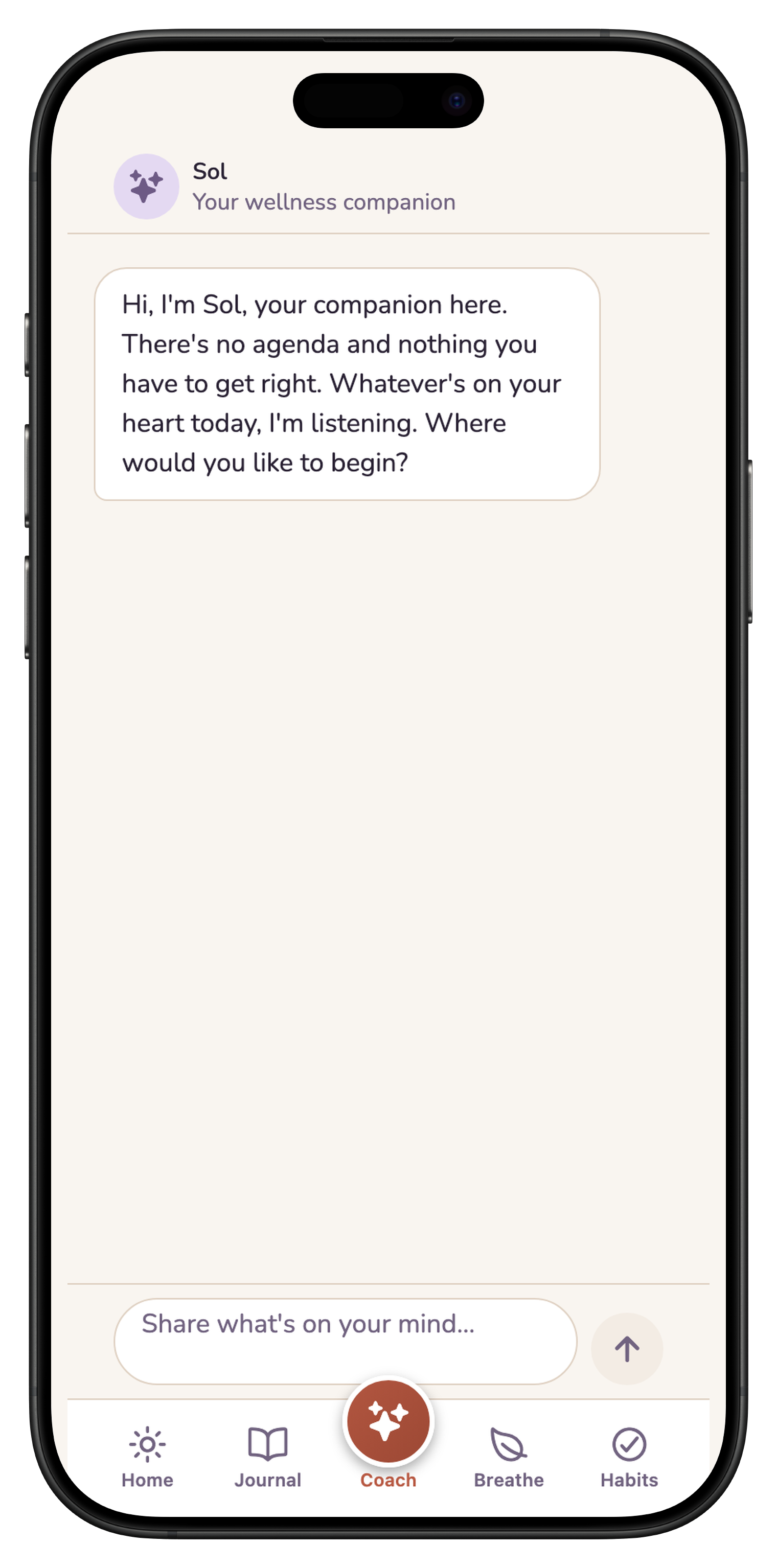 Sol AI wellness coach conversation in Wellevate